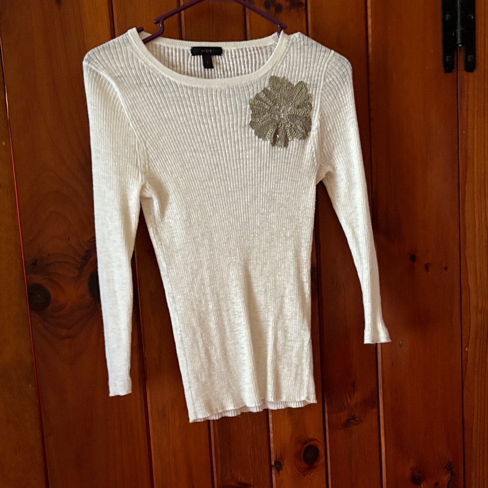 J. Crew Cream Ribbed Sweater with Floral Detail